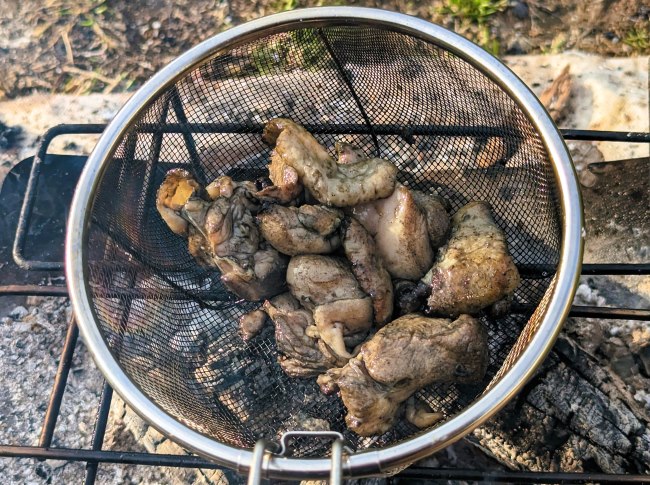 焚火でワイルドに焼いた鶏肉の焚火焼きとり