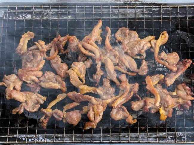 親鳥焼肉を炭火で焼く